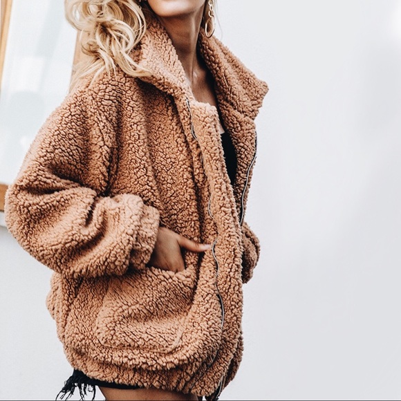 NEW! Oversized Fuzzy Teddy Jacket Camel Coat - Picture 6 of 6